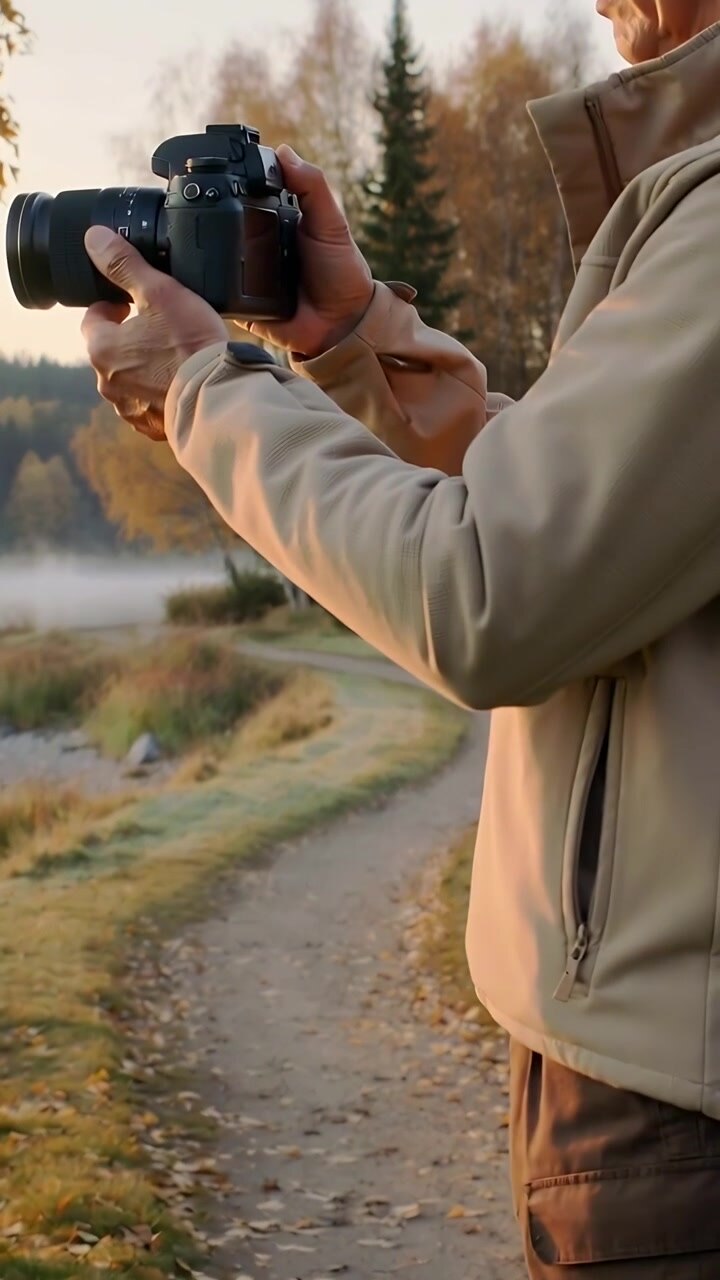 Vertical video: Raising DSLR man in beige jacket framing misty shore as sun drawing eye, copy space
