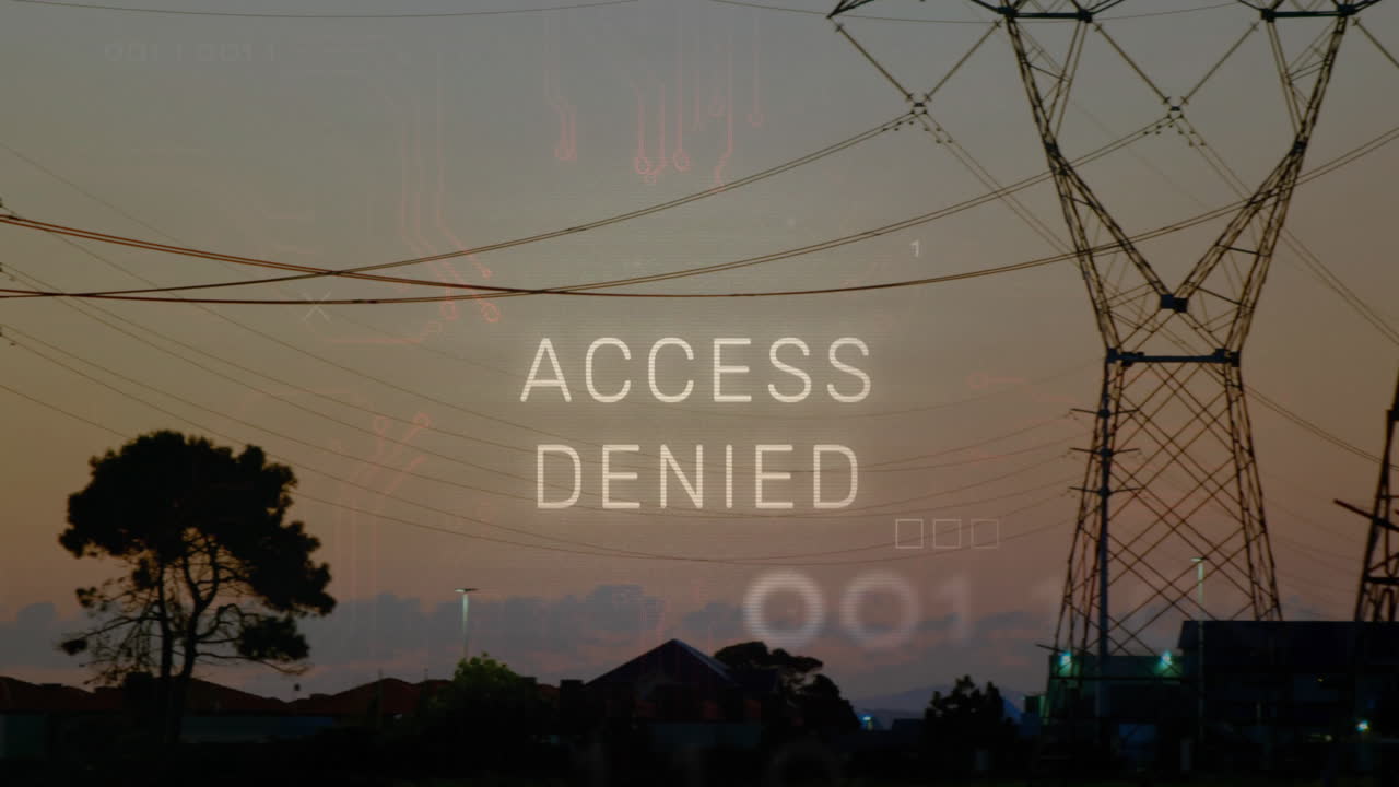 ACCESS DENIED overlay appearing over suburban dusk with pole outlines, towers, binary code
