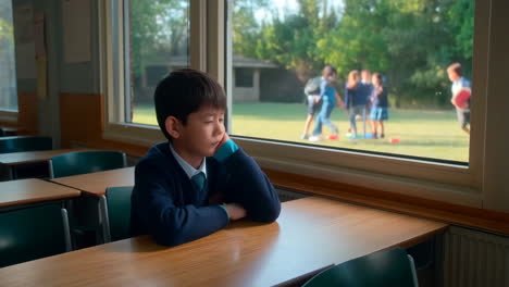 boy in classroom watches children play outside