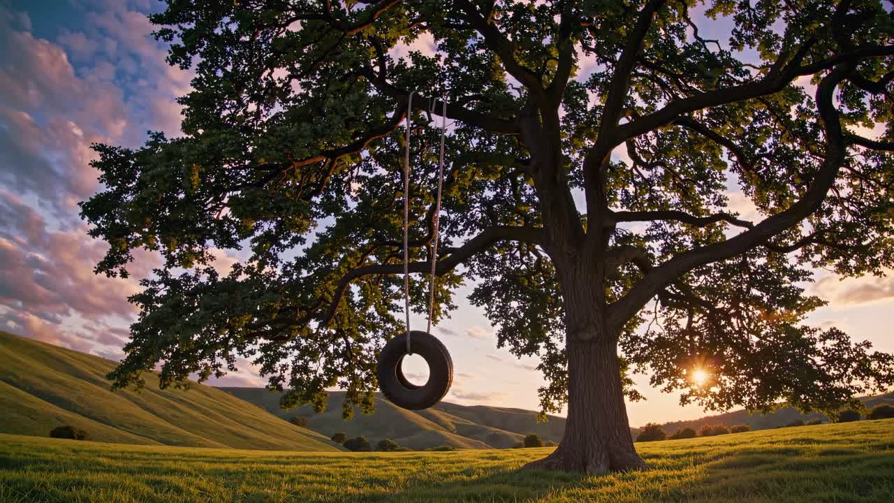 A nostalgic video scene of a tire swing hanging from a large tree at sunset