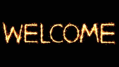 welcome text sparkler writing with glitter sparks particles firework on black 4k loop background