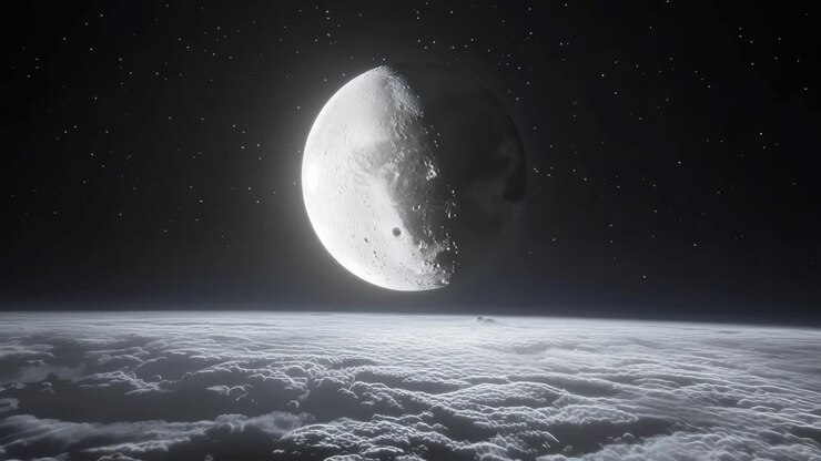 Vista aérea em vídeo da lua acima da Terra coberta por nuvens.