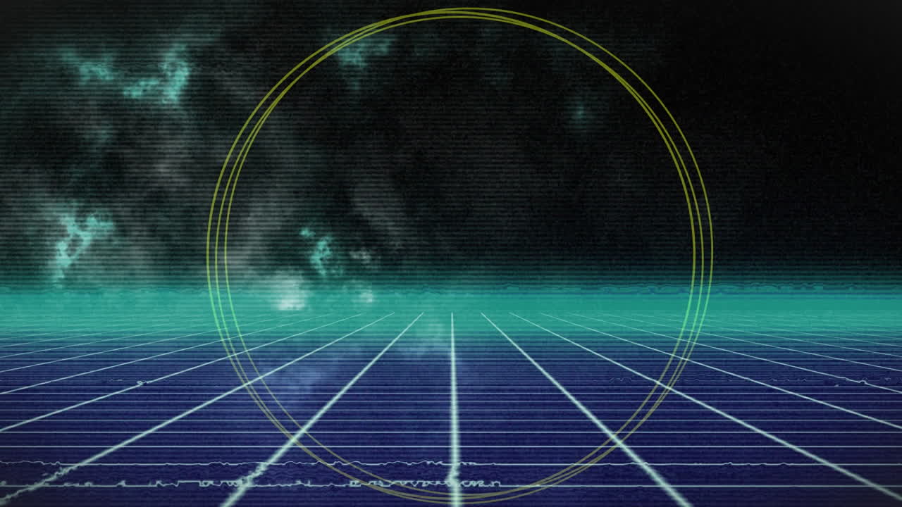 노란색과 초록색의 고리의 애니메이션이 빛나는 파란색 그리드와 지평선 위로 움직이며 검은색으로 움직입니다.