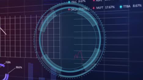 Animation-of-shield-in-loading-circles-over-multiple-graphs,-trading-boards-and-computer-language