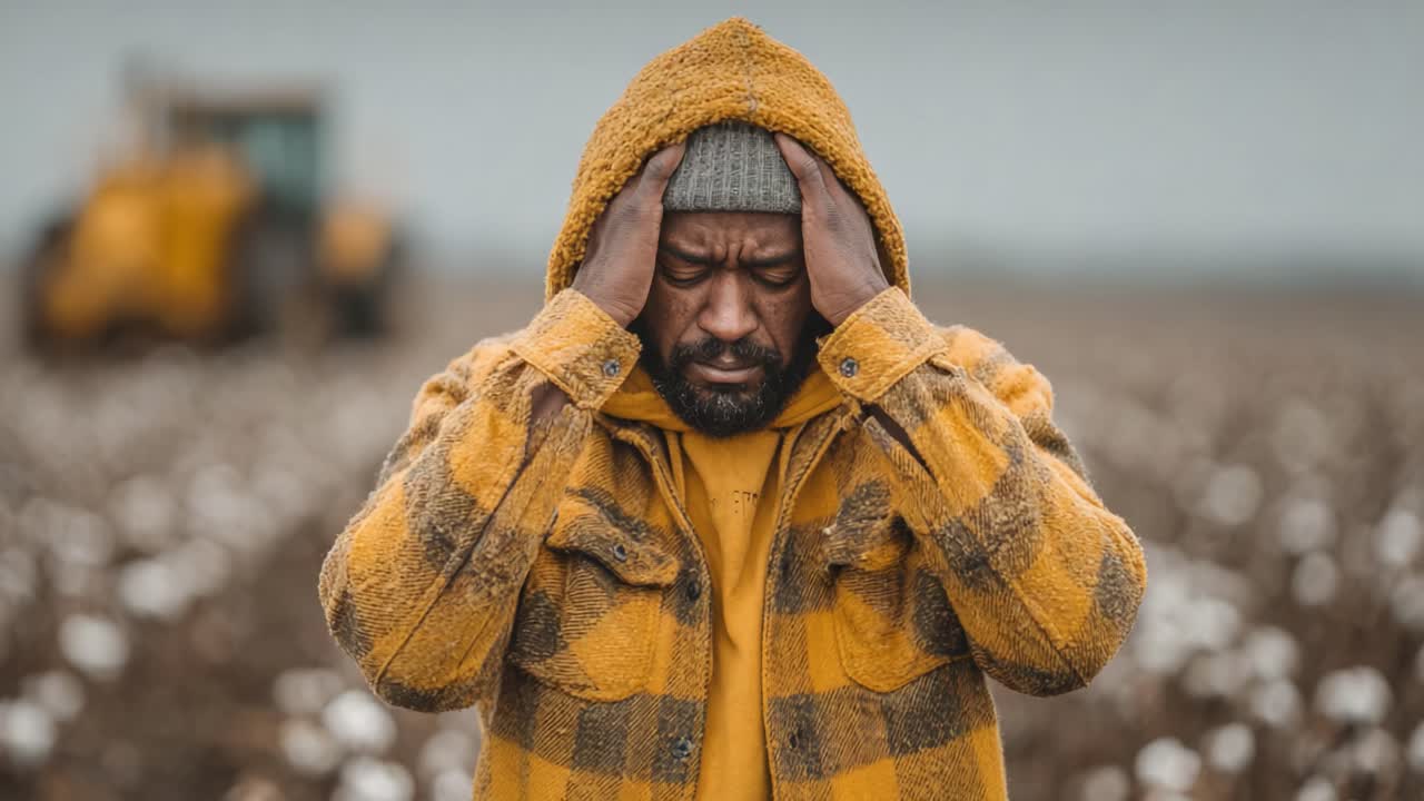A Contemplative Moment in the Cotton Fields: Between Stress and Serenity, A Man Finds Focus Amidst the Challenges of Harvesting Season