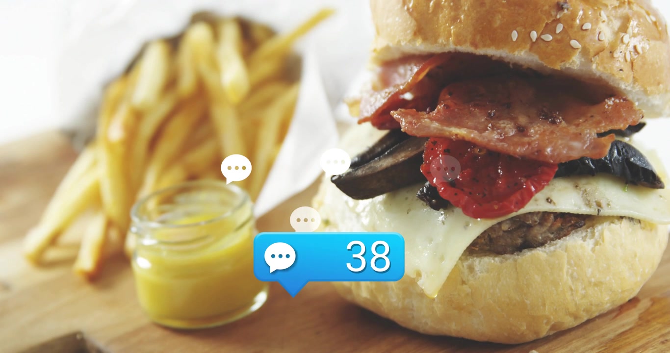 Stacked burger board blue bubble popping counting chat icons drifting to burger aiding food ads