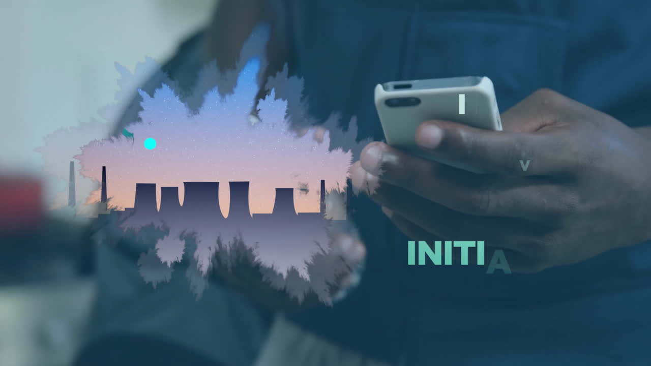 Using smartphone, person viewing animation of cityscape with motivational words
