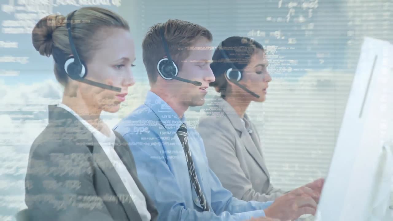 Animation of data processing over businesspeople wearing phone headset