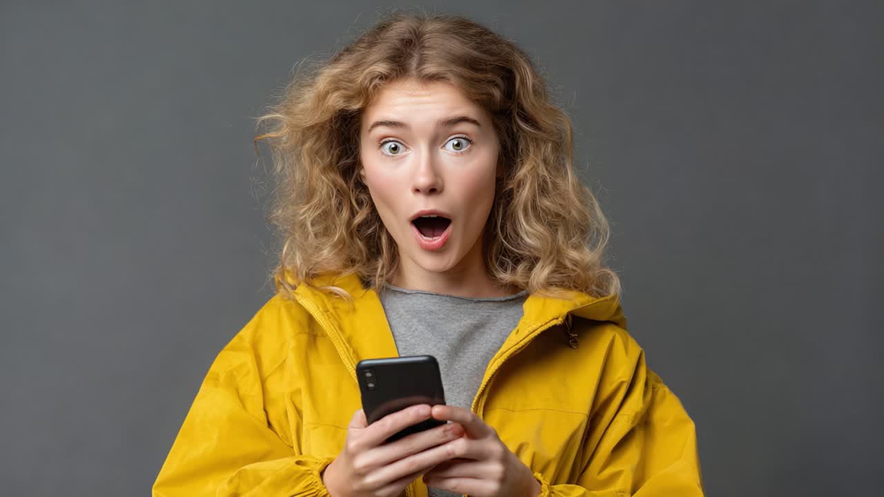 Sorpresa e gioia: una giovane donna con una giacca gialla reagisce a una notizia entusiasmante sul suo telefono, catturando l'essenza di emozioni e connessioni genuine