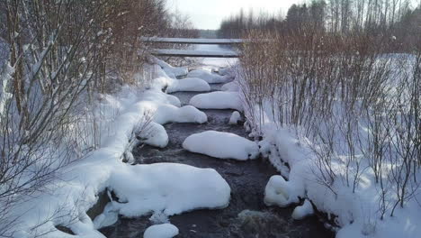 Aerial-shot-of-cold-water-stream-in-snowy-Nordic-winter-forest