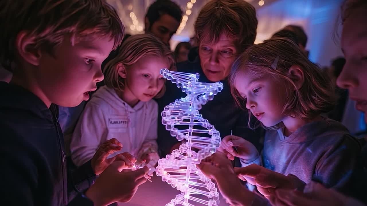 Børn interagerer med en lysende DNA-model på en videnskabsmesse