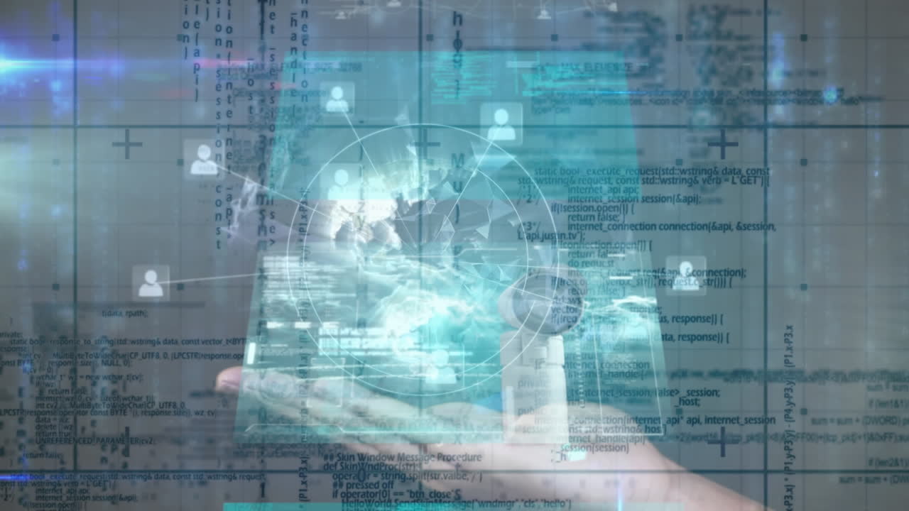 animación de pantallas de interfaz en cascada, con globo en mano y procesamiento de datos