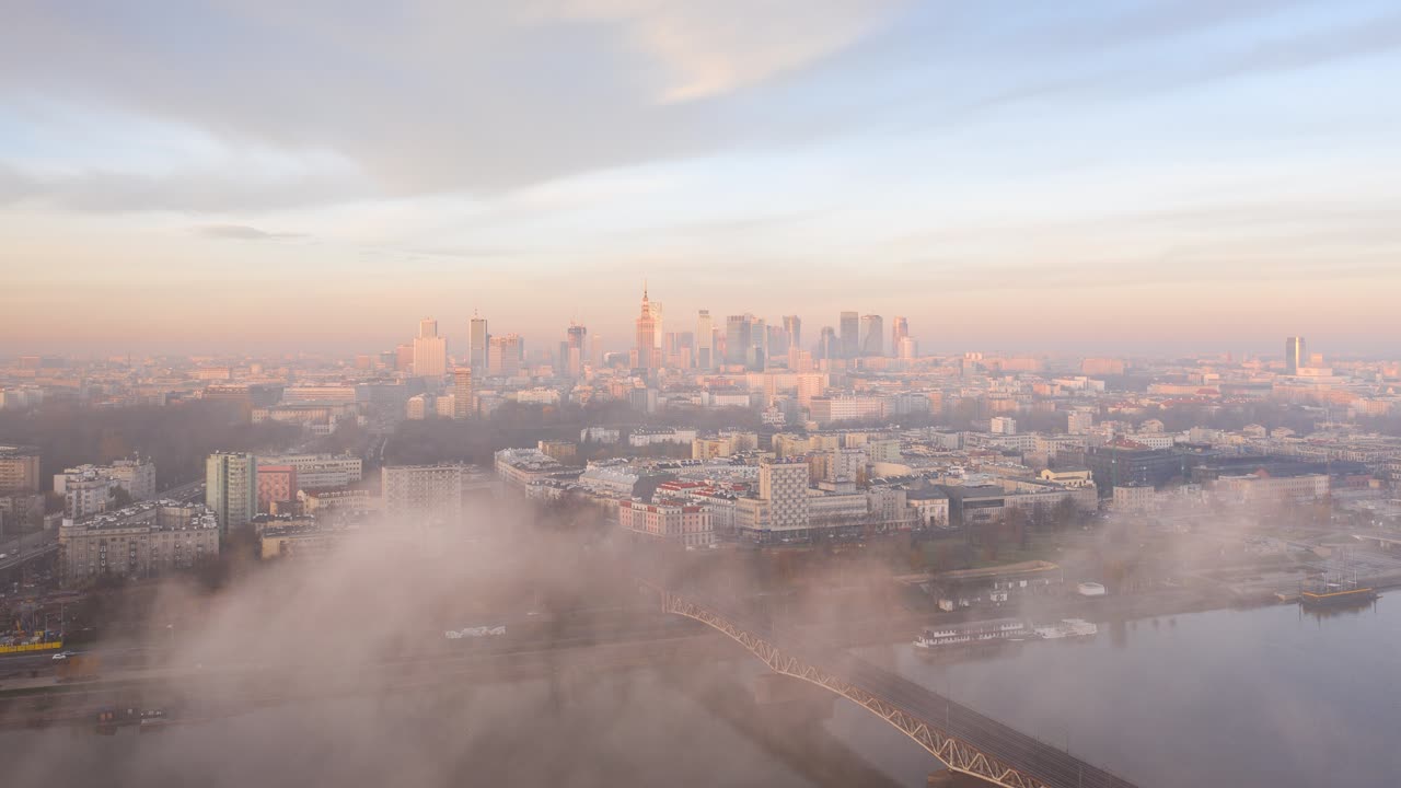 Aerial footage of foggy sunrise in Warsaw Capital of Poland.