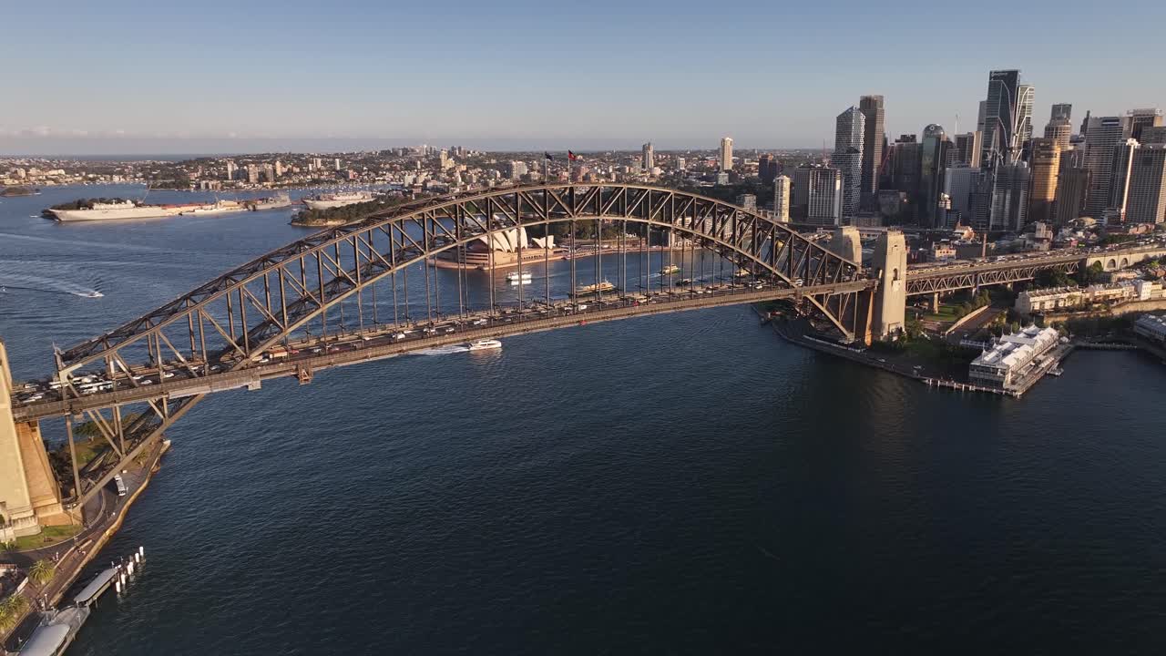 Aerial view of Sydney Harbour Bridge, crane shot. Evening in Australian metropolitan city.