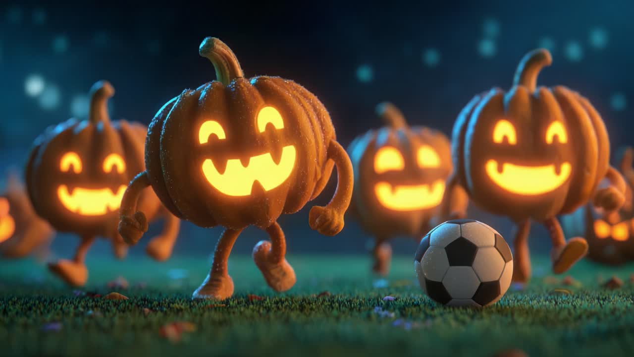 Cheerful animated pumpkins with glowing faces play soccer on a vibrant field, showcasing a whimsical Halloween spirit through fun and spirited teamwork