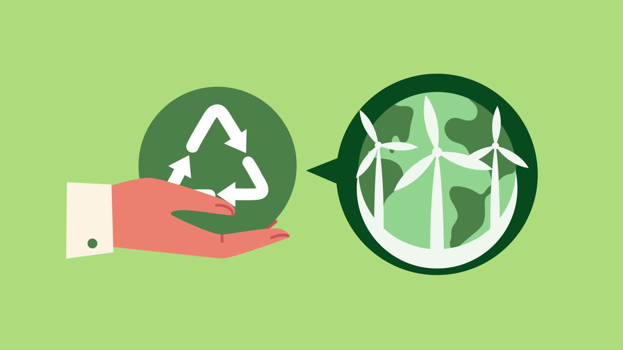 animación de ecología con elevación de manos, flechas de reciclaje y planeta tierra