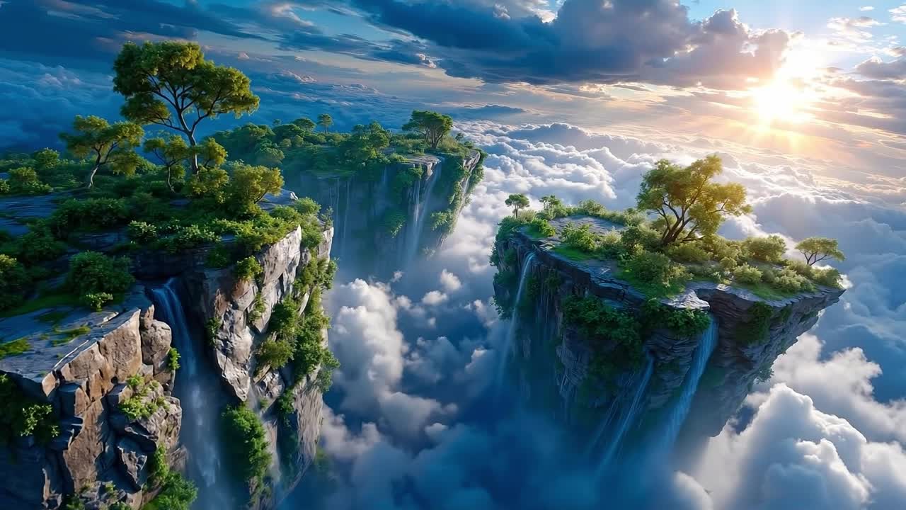 A view of a waterfall in the middle of a mountain surrounded by clouds