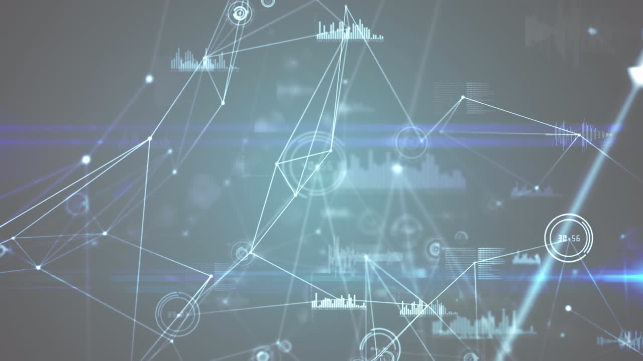 회색 배경에 대한 연결 네트워크와 데이터 처리의 디지털 애니메이션