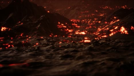 lava fundida roja y vibrante que fluye sobre un campo de lava gris y una tierra rocosa brillante