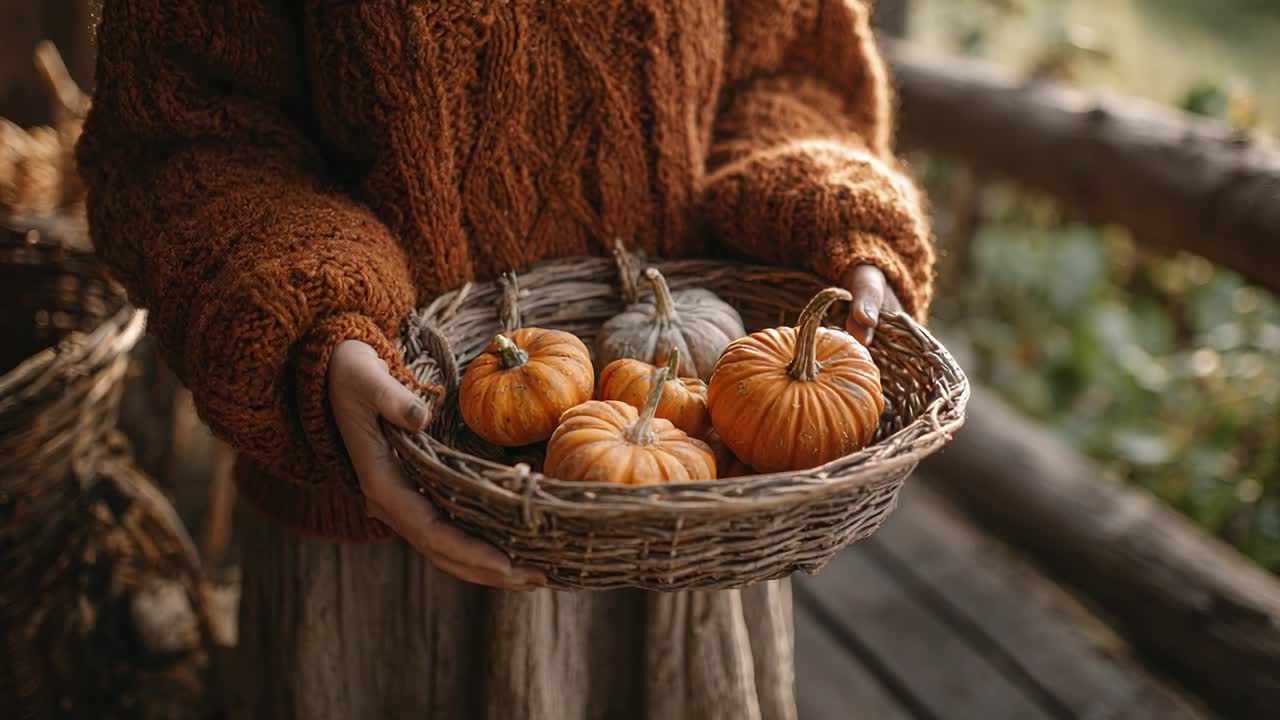 Woman holds woven basket filled with colorful pumpkins outdoors