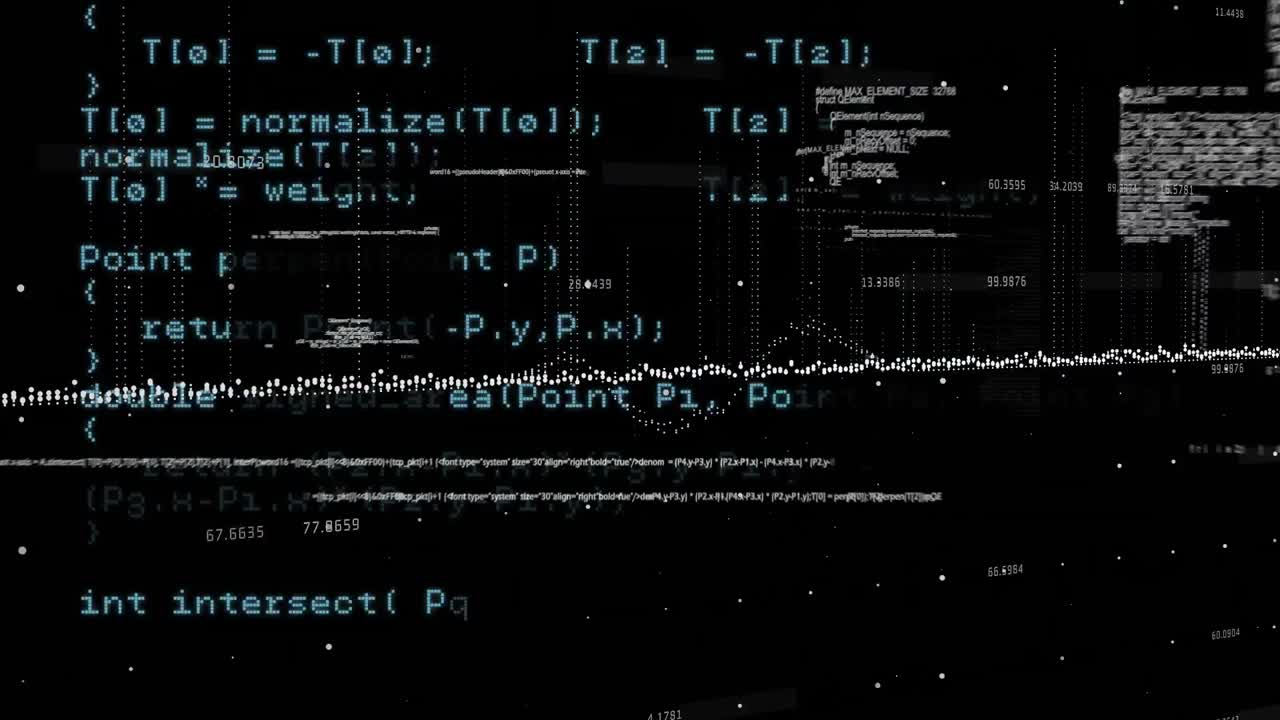 Animation of information and data processing, with interference, on black