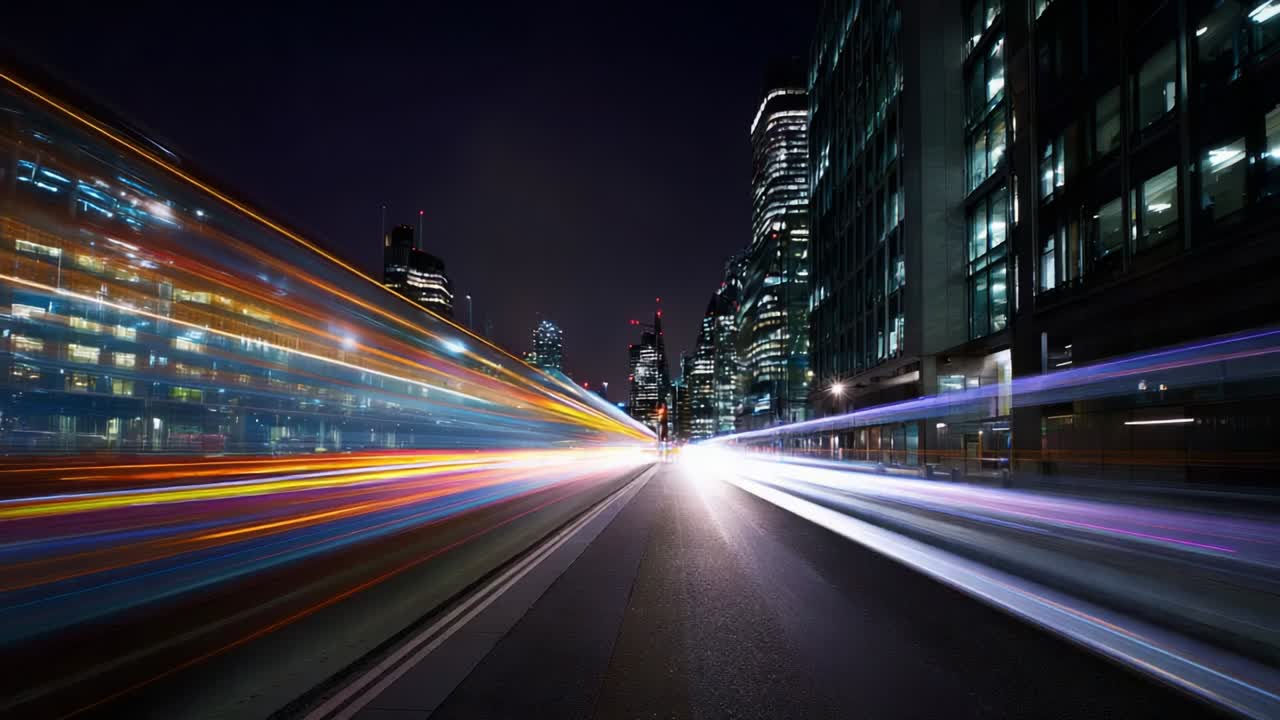 Dynamic Urban Nightscape: A Mesmerizing Showcase of Blurred Lights and City Architecture in Motion Captured in Two Frames, Highlighting Vibrant Streets and Soaring Skyscrapers Against a Dark Backdrop