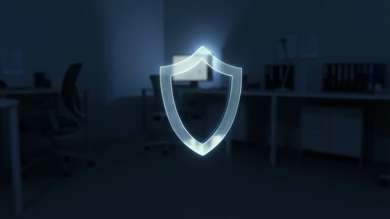 Cybersecurity Shield in a Dark Office Environment
