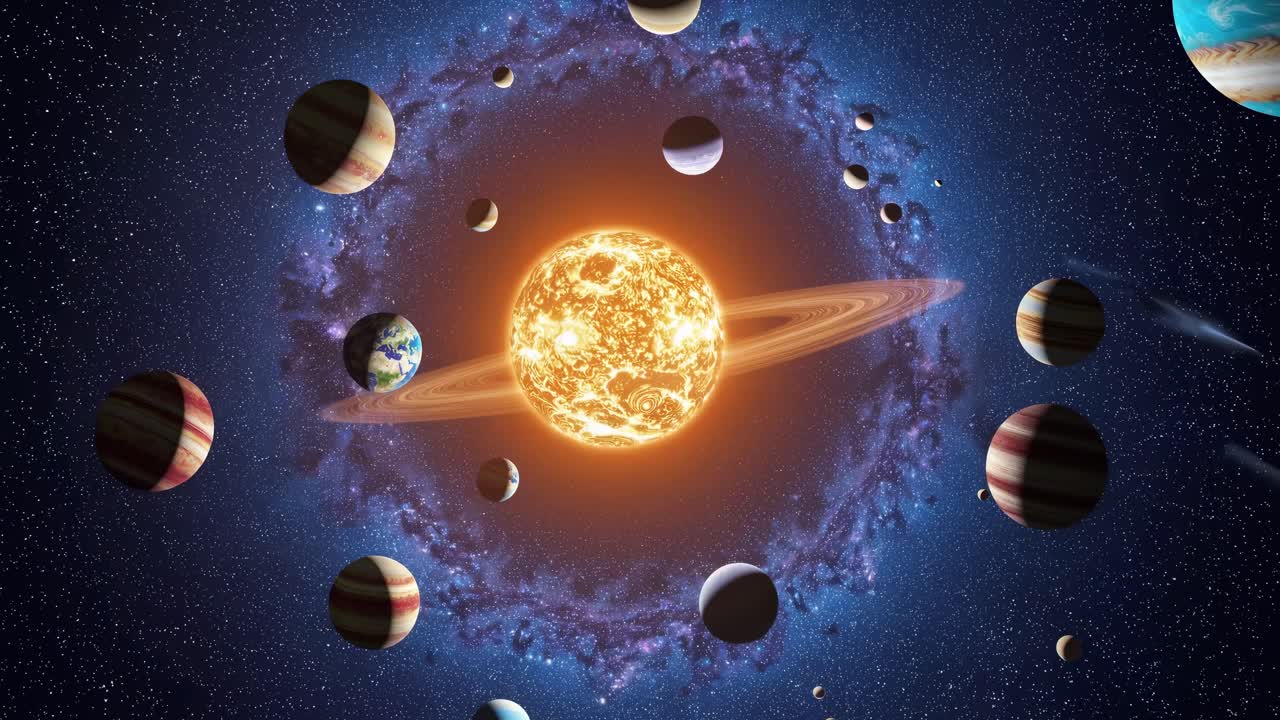A cosmic video scene with a wide-angle view of planets orbiting a glowing sun, set against a starry
