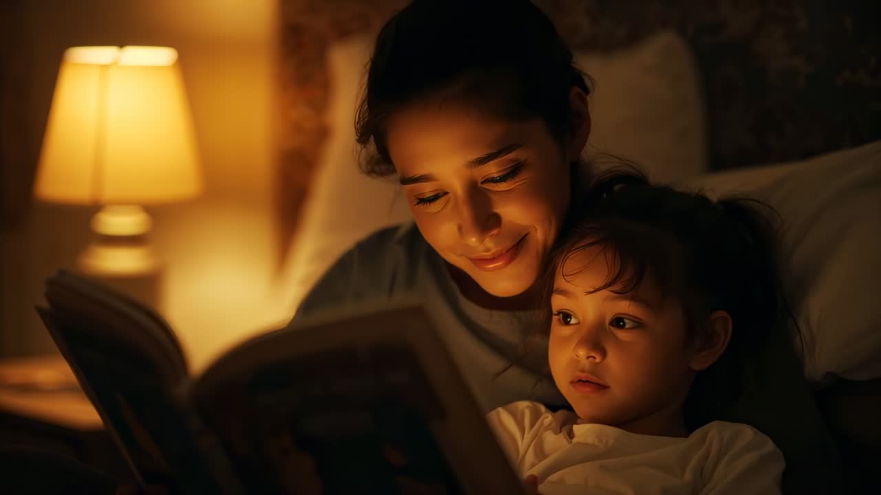 Bedtime lamp glowing, mom holding daughter in pajamas and reading picture book in bedroom, calming