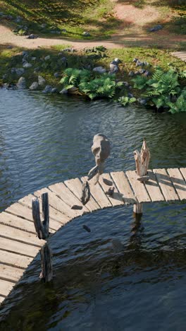 wooden bridge over a serene river in a forest landscape