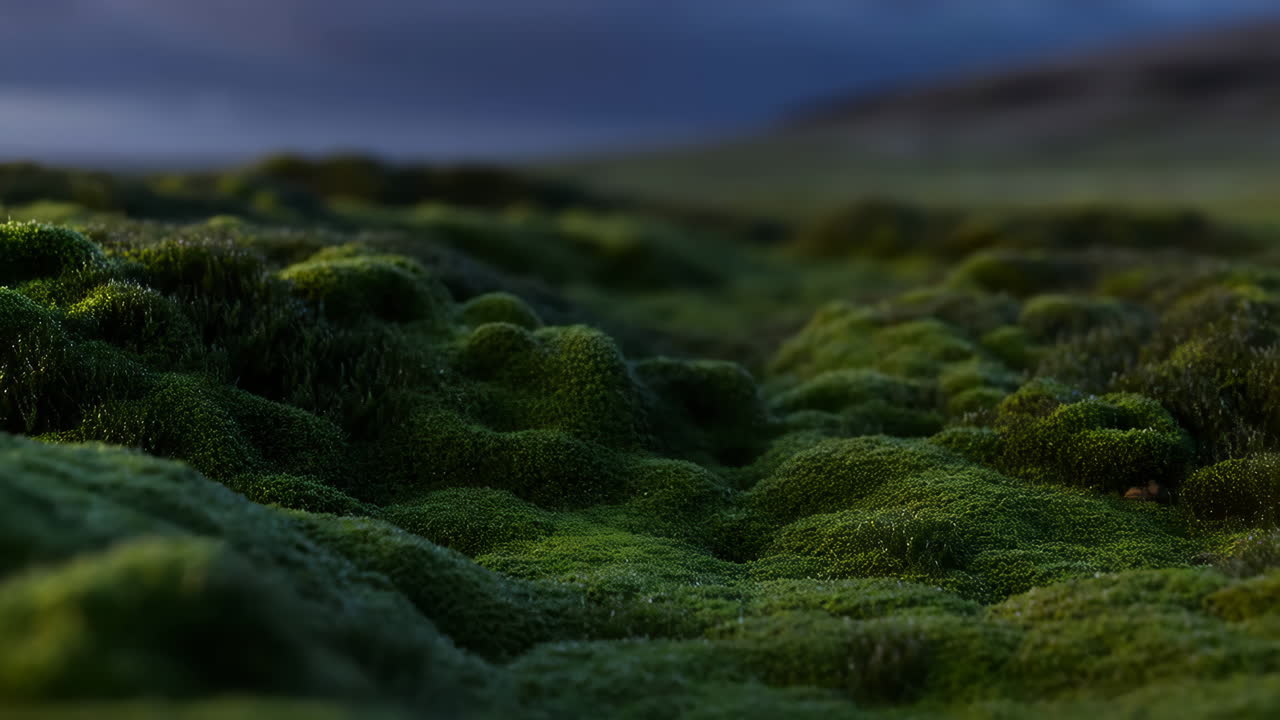 Vibrant Green Mossy Landscape at Twilight