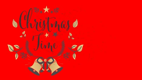 Animation-of-christmas-time-text-over-fireworks-on-red-background