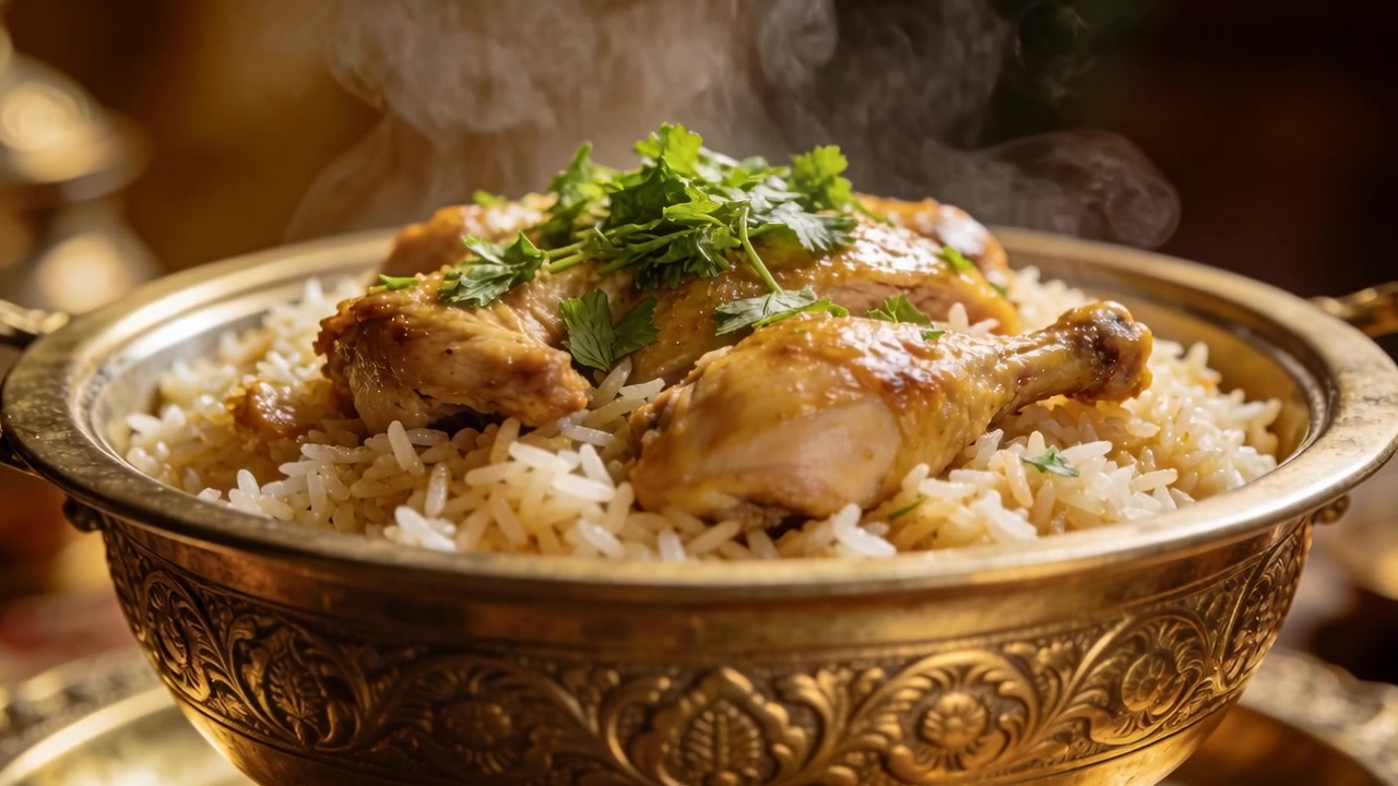 La cámara se aleja revelando un cuenco de latón ornamentado en la mesa, destacando el vapor sobre arroz y muslos de pollo.