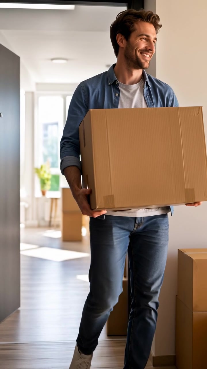 Adult man in casual denim shirt and jeans carries large cardboard box through open doorway into sunlit modern apartment, stacks packages near entry, then pauses smiling beside bright living space