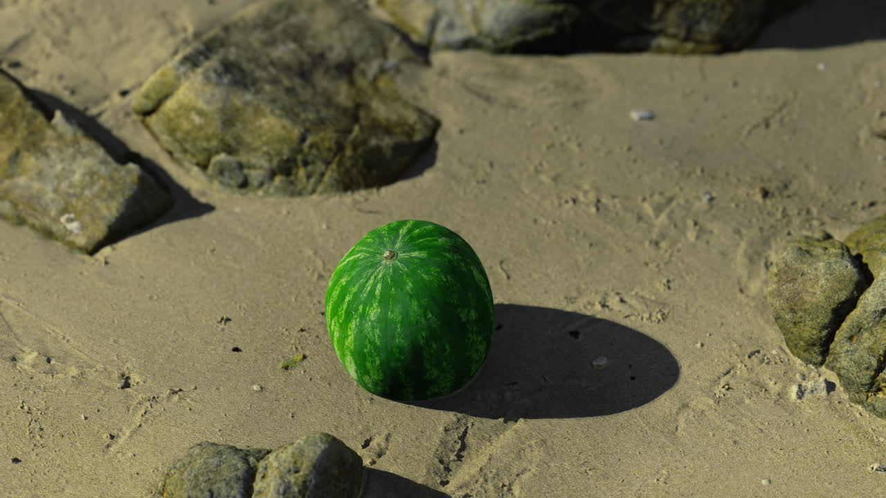 Watermelon resting on sandy beach near stones during sunny day