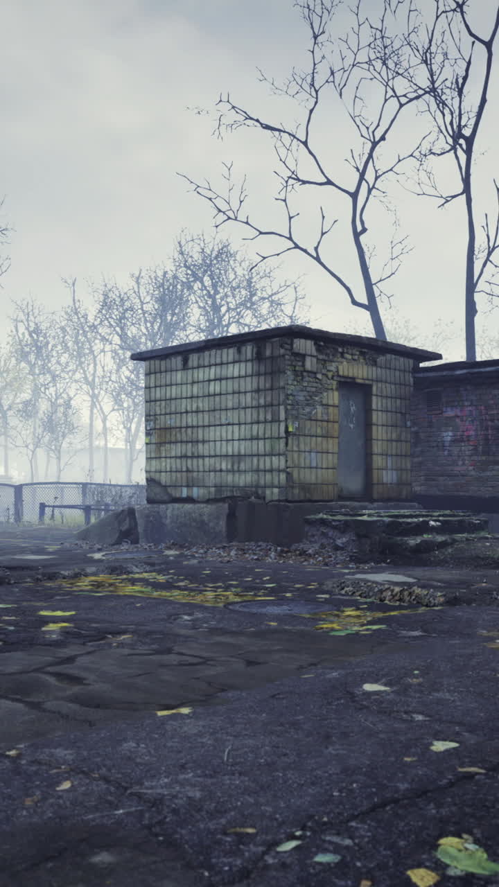 Abandoned village in misty landscape shows remnants of past life