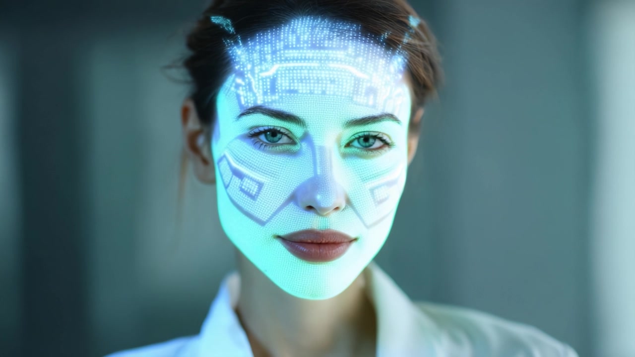 A woman with a futuristic digital projection on her face, showcasing advanced technology and innovation in facial recognition and virtual enhancements.