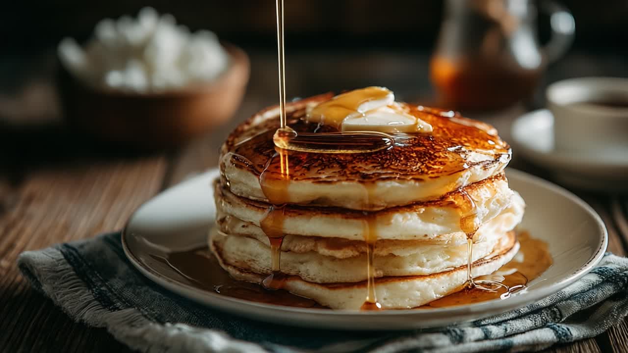Delicious Stack of Fluffy Pancakes Drizzled with Golden Syrup and Garnished with Butter on a Cozy Wooden Table Setting That Evokes Warm Breakfast Memories