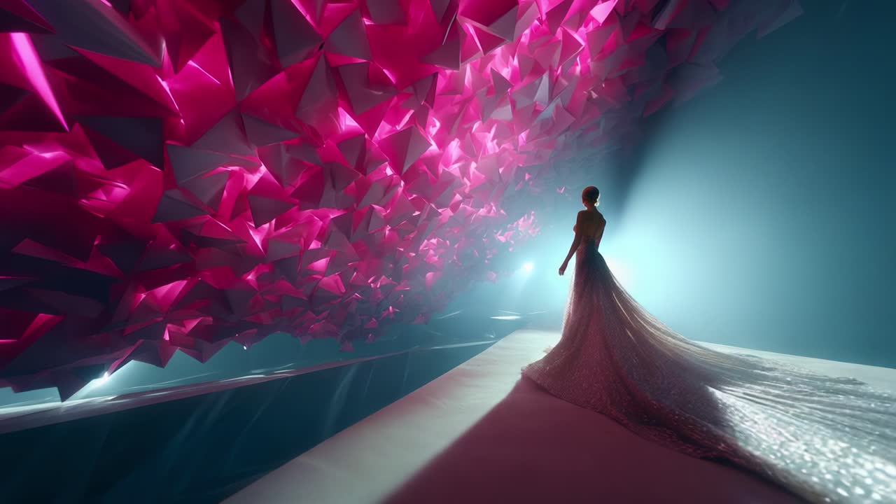 Una straordinaria dimostrazione di eleganza e creatività, con una figura aggraziata in un abito scintillante, sullo sfondo di straordinari motivi geometrici illuminati da una vivace luce rosa.