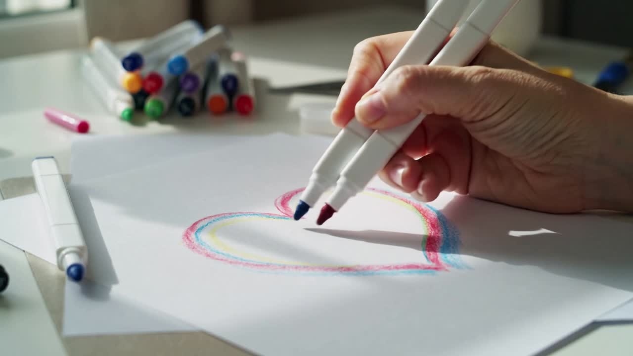 窓のそばで2本のマーカーを使い、紙に赤と青のハートを重ねて描く右手。