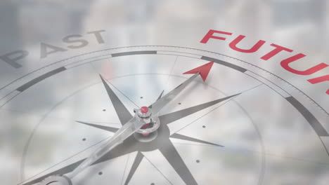 compass pointing towards future with animation of blurred cityscape in background