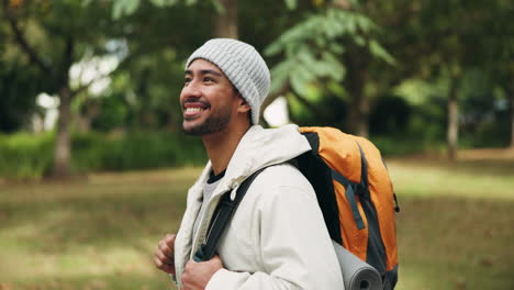 Hike,-man-smile-and-backpack-for-travel