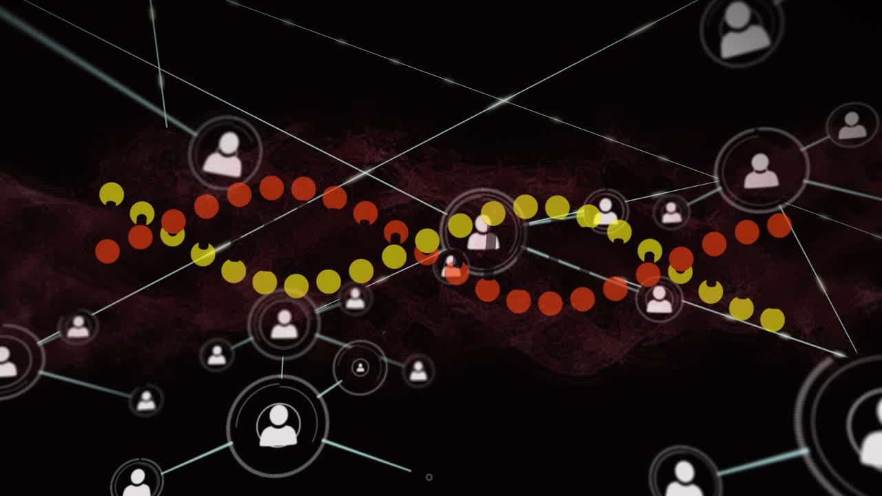 Animation of dna strand spinning over network of connections with people icons