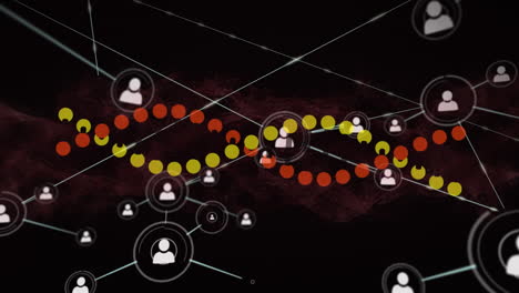 animación de la cadena de adn girando sobre la red de conexiones con los iconos de las personas