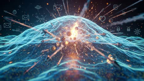 a stunning visualization of a digital explosion, representing the convergence of technology and data, creating a dynamic wave of innovation and information flow