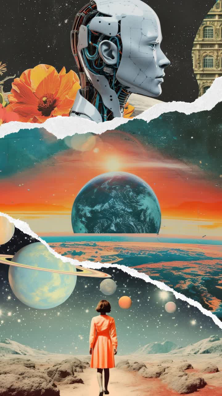 Surreal video collage with a low-angle view, blending futuristic robots, vibrant flowers, and cosmic