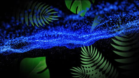 animación de partículas azules flotantes sobre gotas y hojas verdes, sobre fondo negro