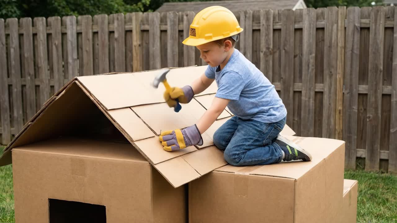 Young Boy Playing Construction Worker on Cardboard House
