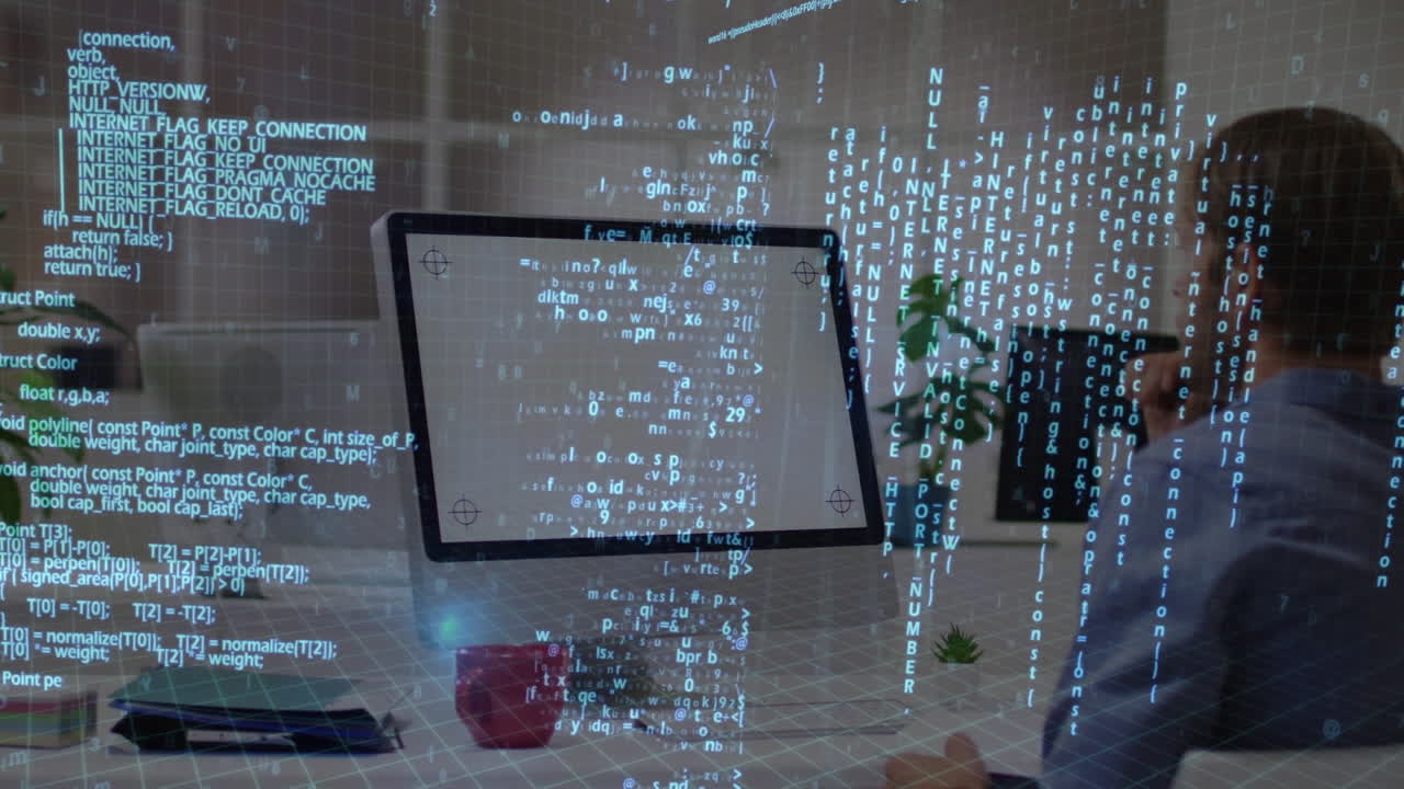 animación del procesamiento de datos sobre el hombre de negocios caucásico usando computadora