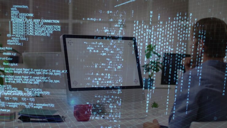 Animation of data processing over caucasian businessman using computer